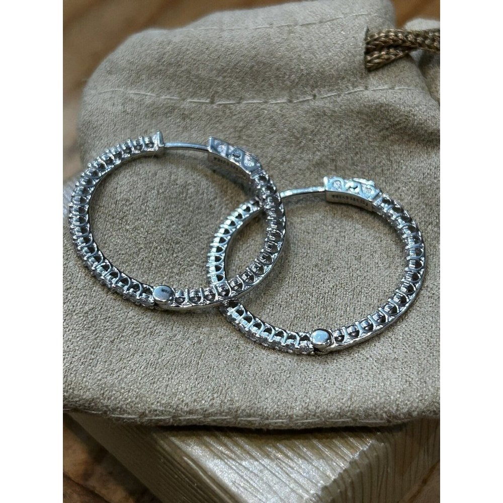 Sterling Silver Rhodium Plated Round Hoop CZ Diamond Textured Earrings